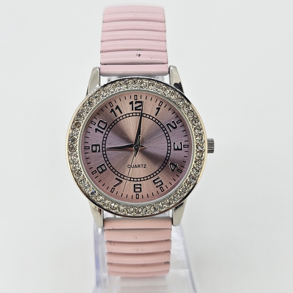 Women's Watch 36MM Pink Dial Pink Stretch Metal Band 5.75" NEW Battery